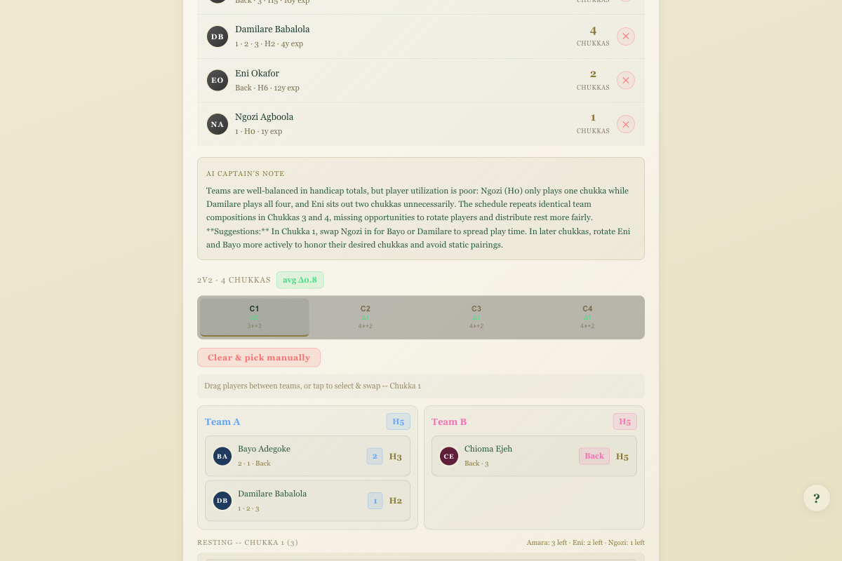 Nearside AI team balancing with chukka schedule